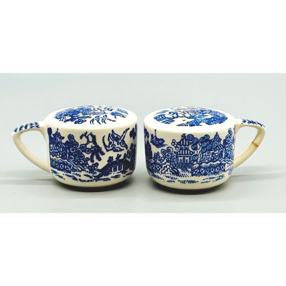 Blue Willow Salt Pepper Shakers Blue White Ceramic Cup Shape Set